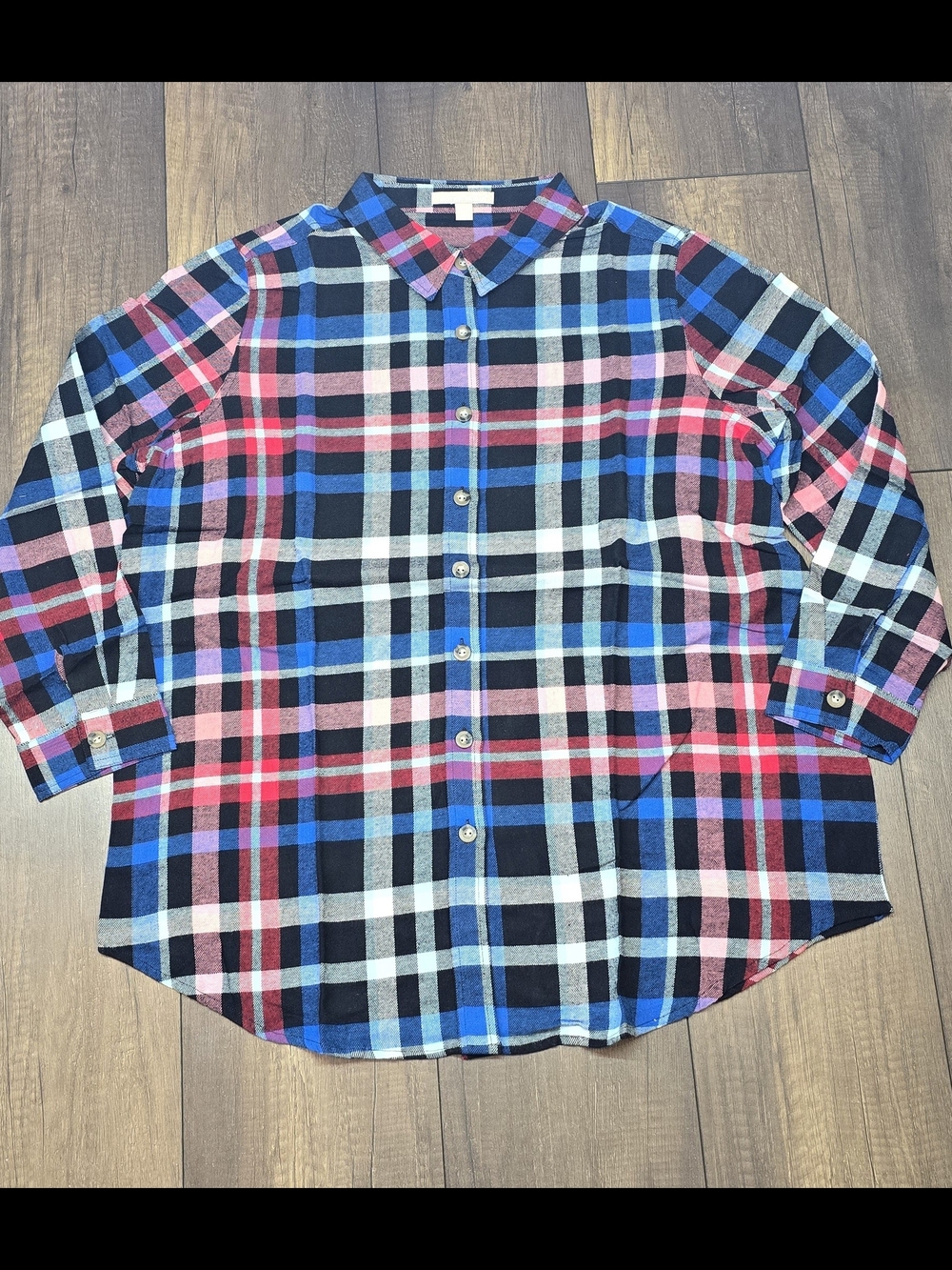 Woman Within Plaid Button-Down Shirt in Blue, Black and Pink